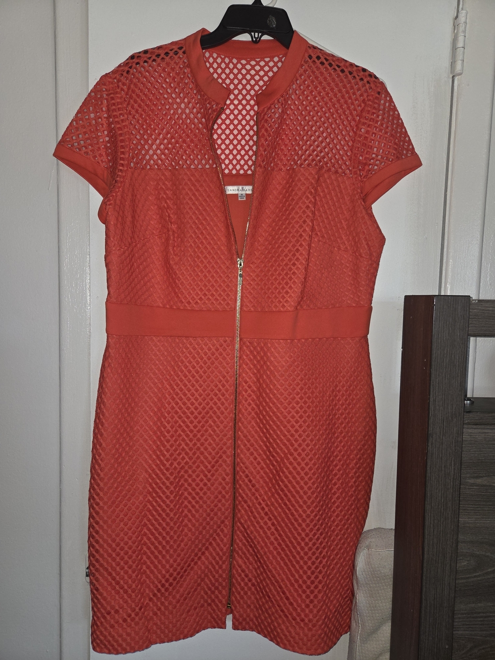 Sandra Darren Coral-Red Mesh Zip Midi Dress